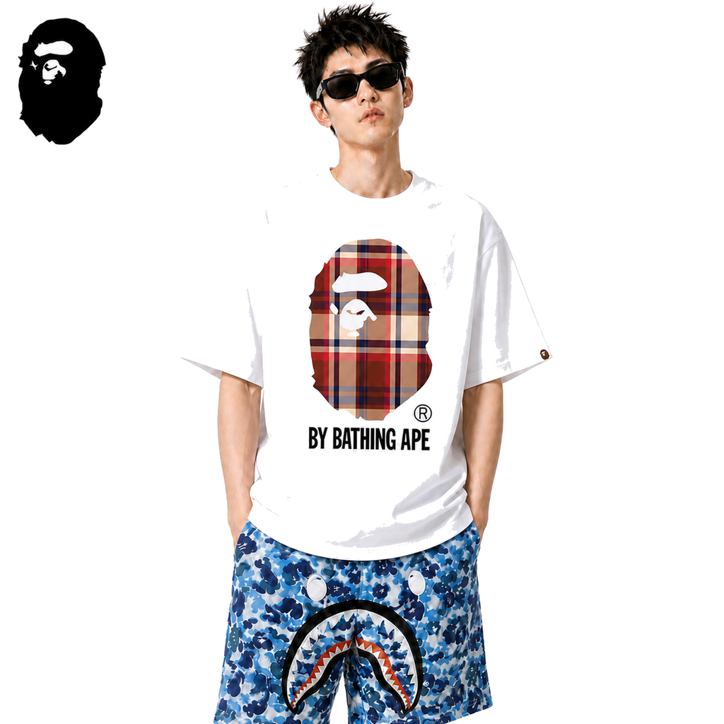 BAPE Red Check Ape Head Men's Graphic T-Shirt - White