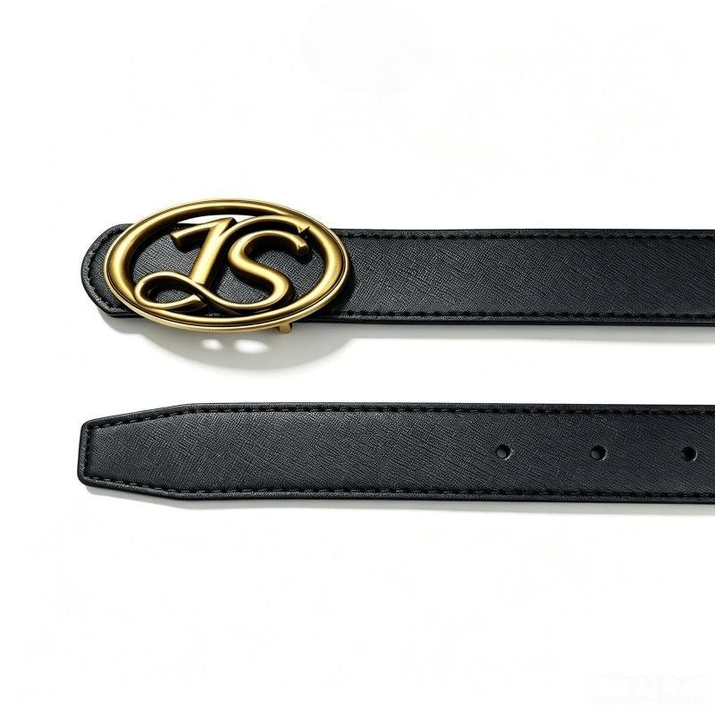 Vintage Leather Belt Oval Antique Gold JS Logo Buckle Women Waist Belt