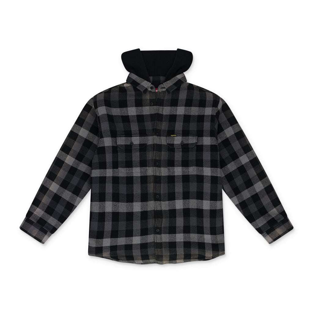 Black Multicolor Plaid Waffle Hooded Jacket