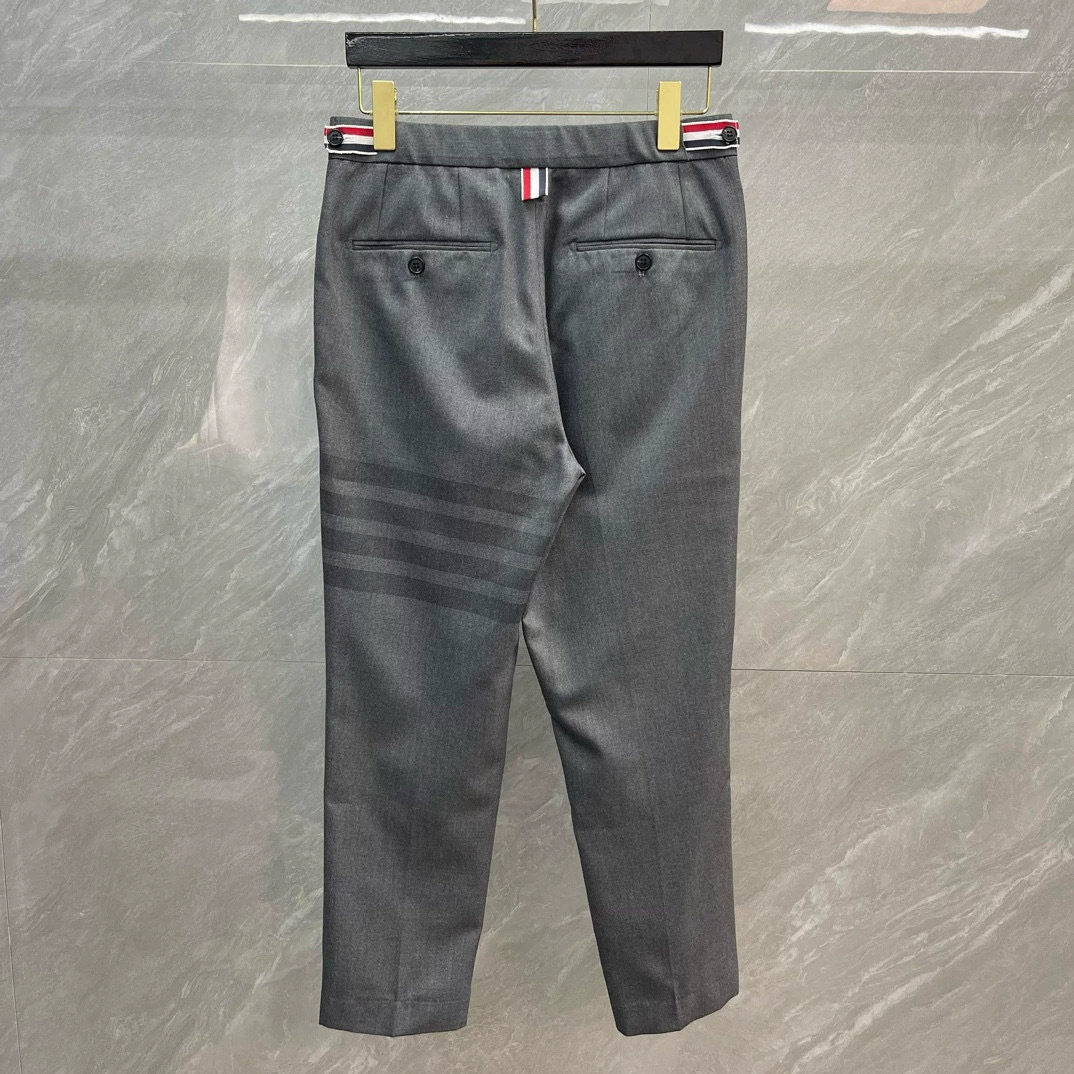 Thom Browne Style Men's Business Trousers - 50% Wool Premium Dress Pants with Signature Four-Bar Detail