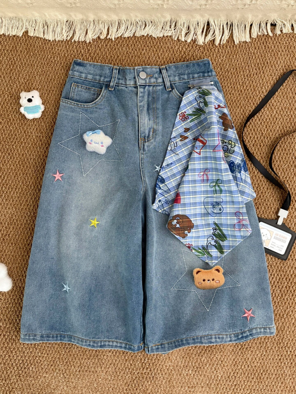 Bear Star Embroidery Plaid Scarf Wide Leg Denim Capri Pants