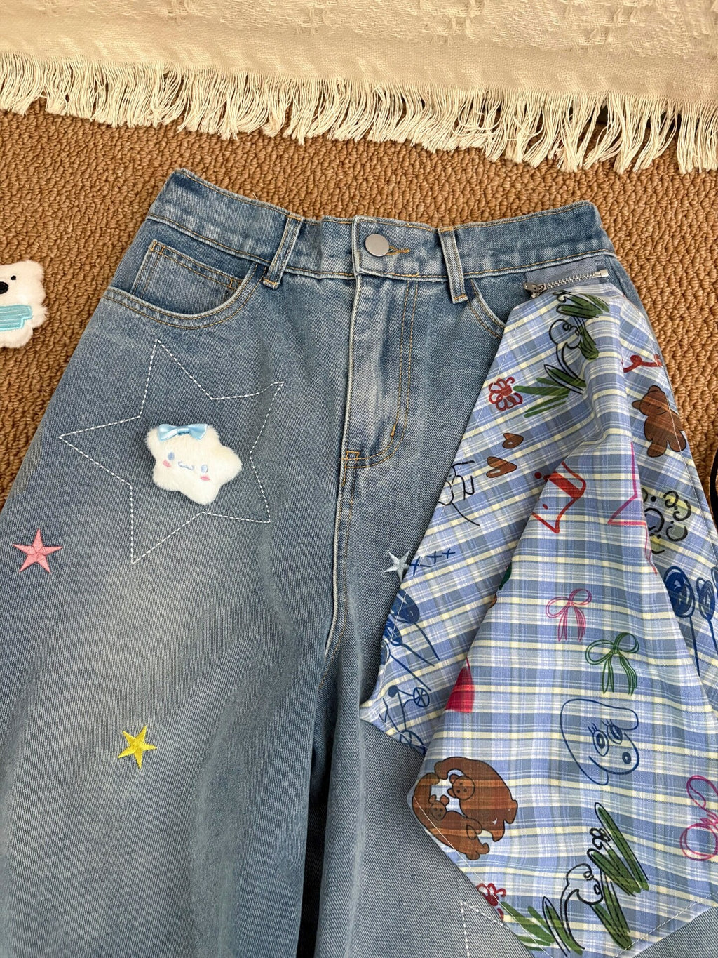 Bear Star Embroidery Plaid Scarf Wide Leg Denim Capri Pants