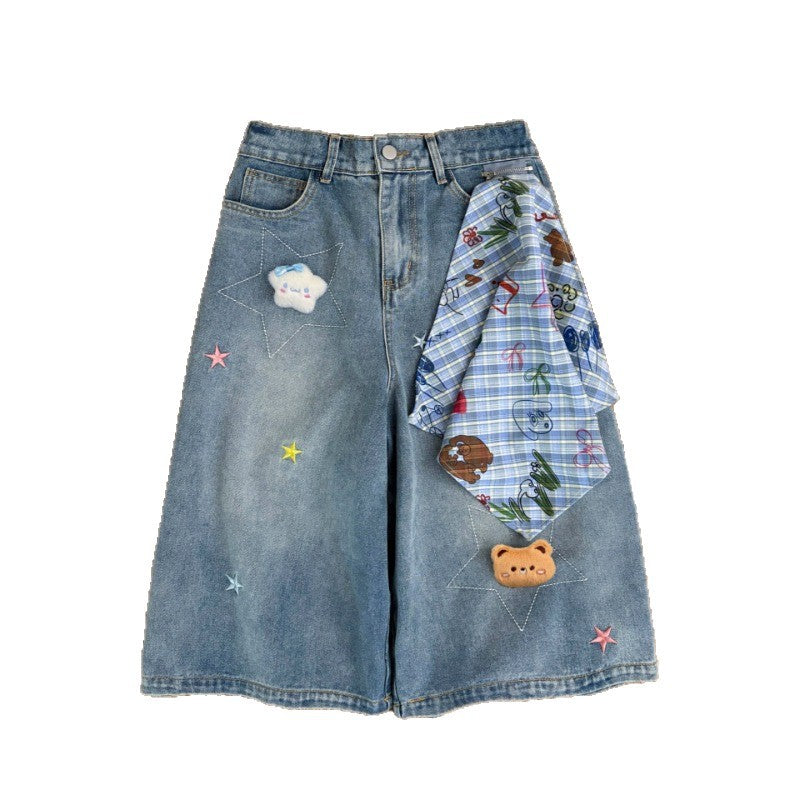 Bear Star Embroidery Plaid Scarf Wide Leg Denim Capri Pants