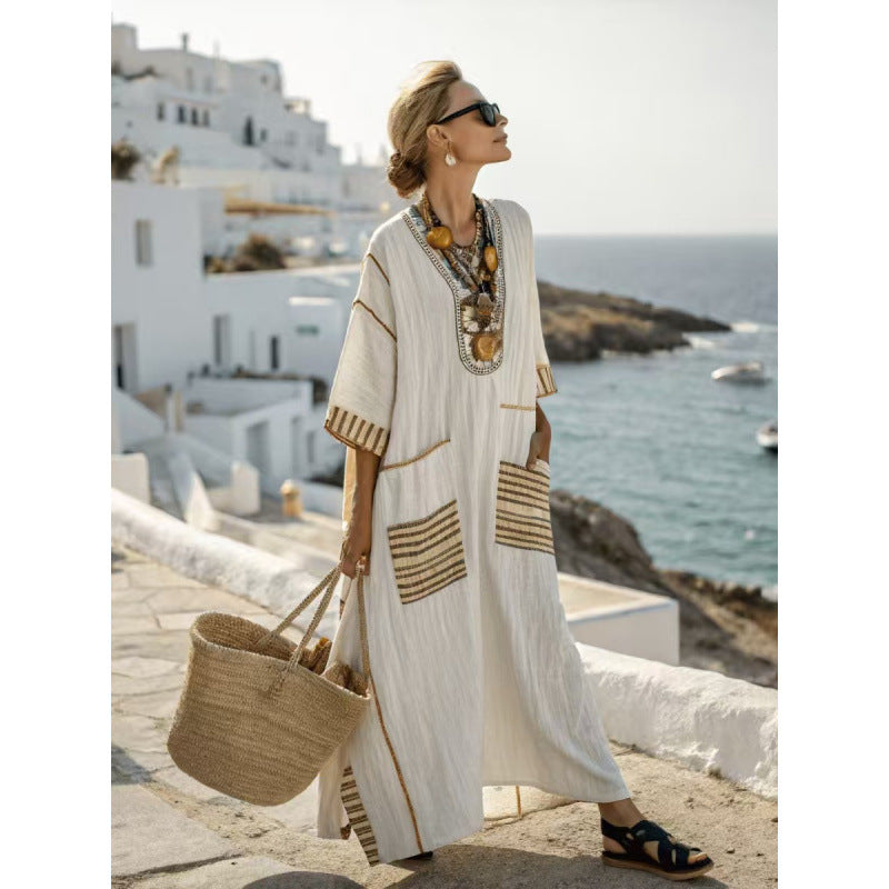 Women's Boho Striped Embroidered V-Neck Kaftan Maxi Dress