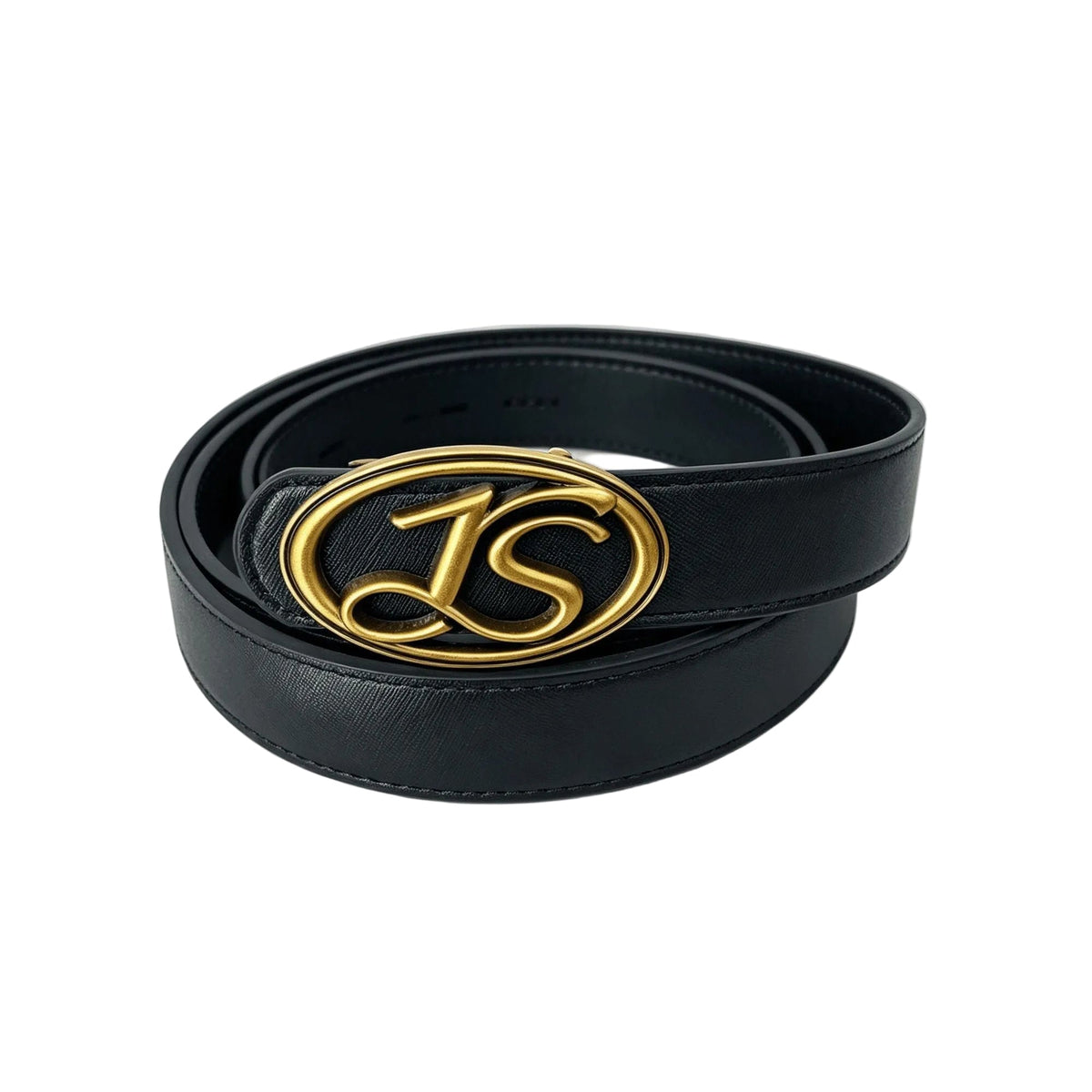 Vintage Leather Belt Oval Antique Gold JS Logo Buckle Women Waist Belt