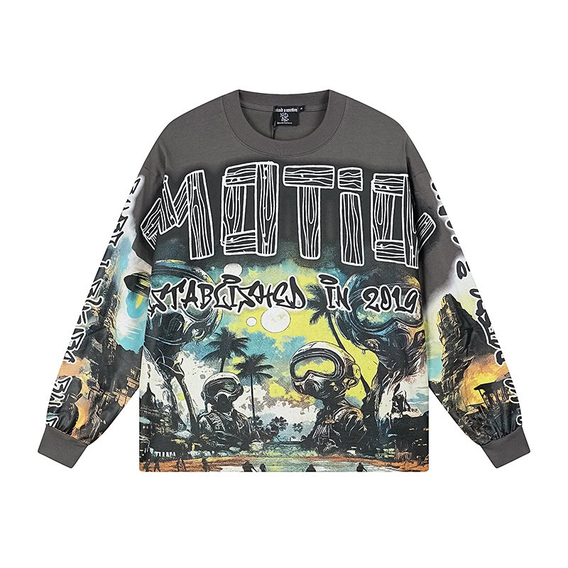 MIXED EMOTION Gray Graffiti Graphic Long-Sleeve T-Shirt