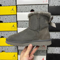 UGG Mini Bailey Bow Ankle Boot – Suede Boot with Tonal Grey Shearling Lining, Grey Satin Bow & Grey Lug Sole in Grey