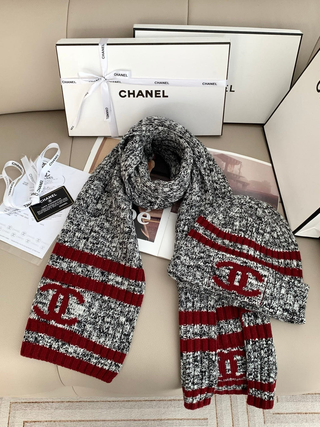 Chanel Style Marled Knit Scarf and Beanie Set