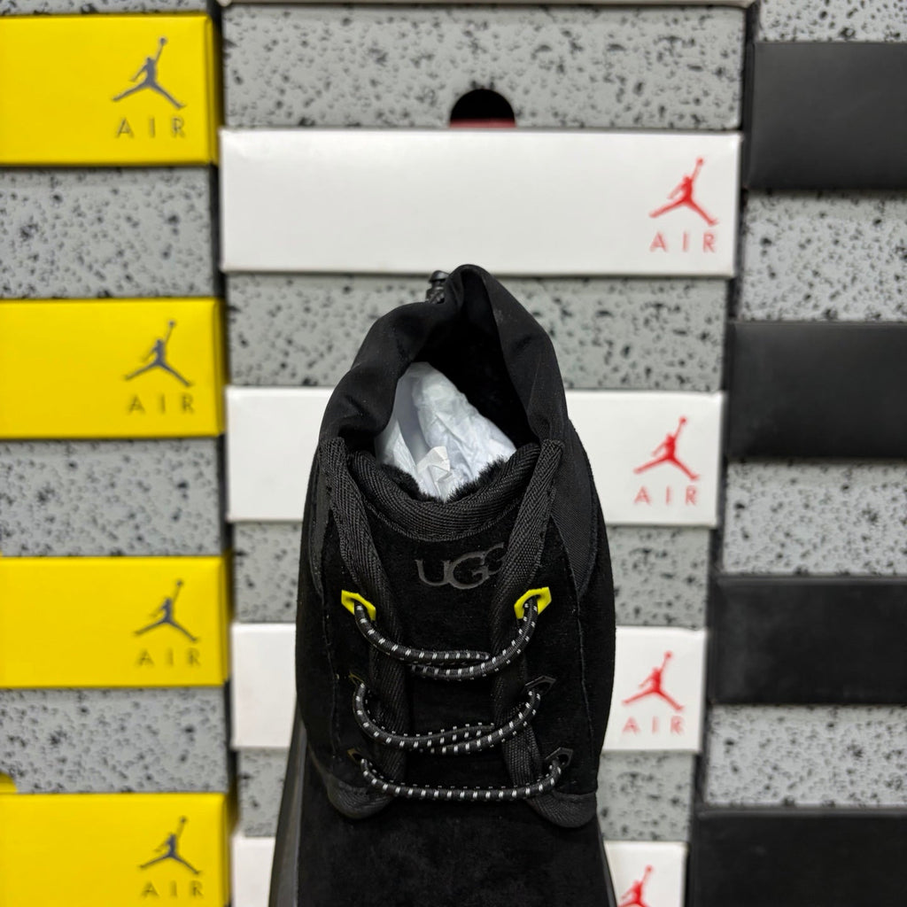 UGG Lace-Up Hiker Boot – Suede & Nylon Boot with Neon Yellow Toggle, Charcoal Midsole & Black Lug Sole