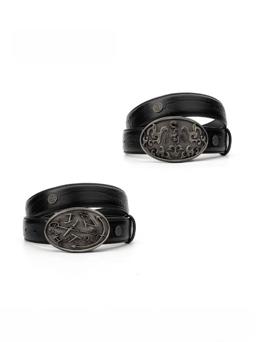 Croc Grain Leather Belt Vintage Oval Metal Buckle Replaceable Waist