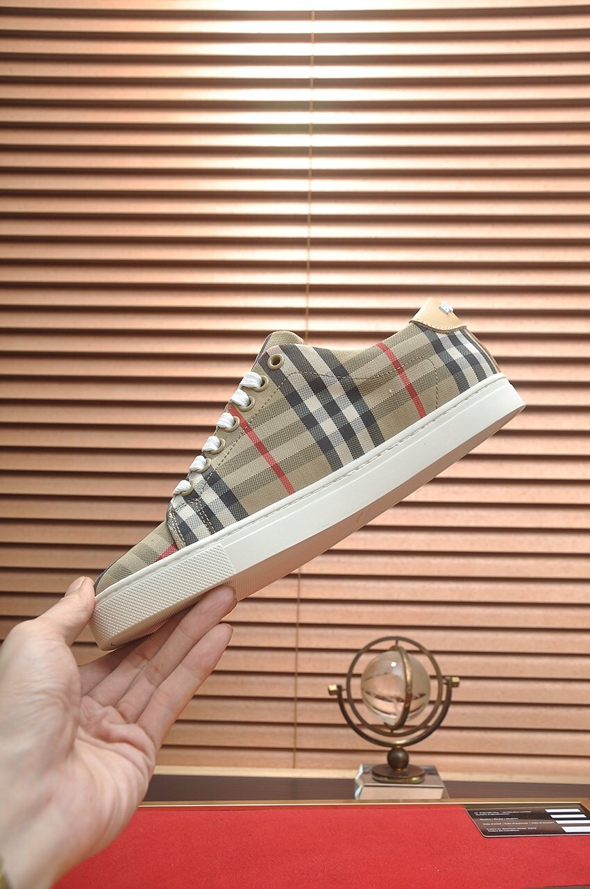 Burberry Beige Check Low-Top Sneakers - White Laces And White Rubber Sole