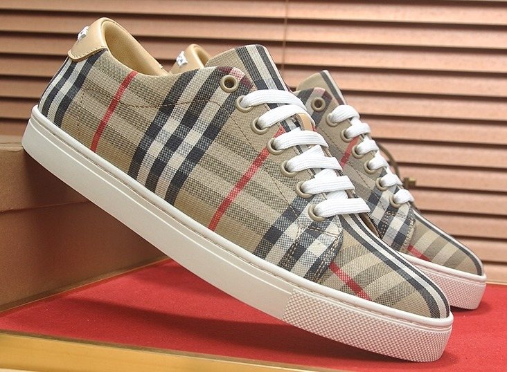 Burberry Beige Check Low-Top Sneakers - White Laces And White Rubber Sole