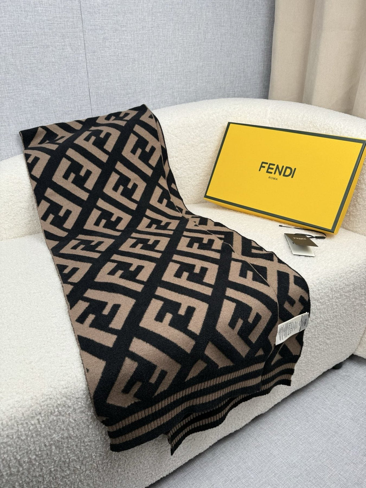Fendi Black and Tan Monogram Knit Scarf