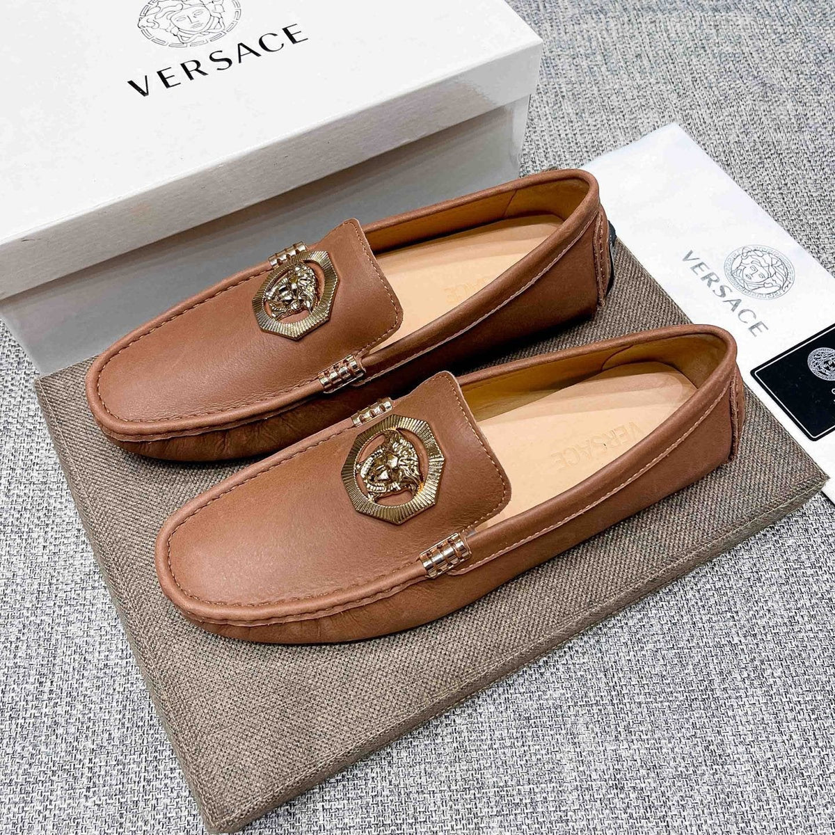 Versace Tan Brown Leather Driving Loafers