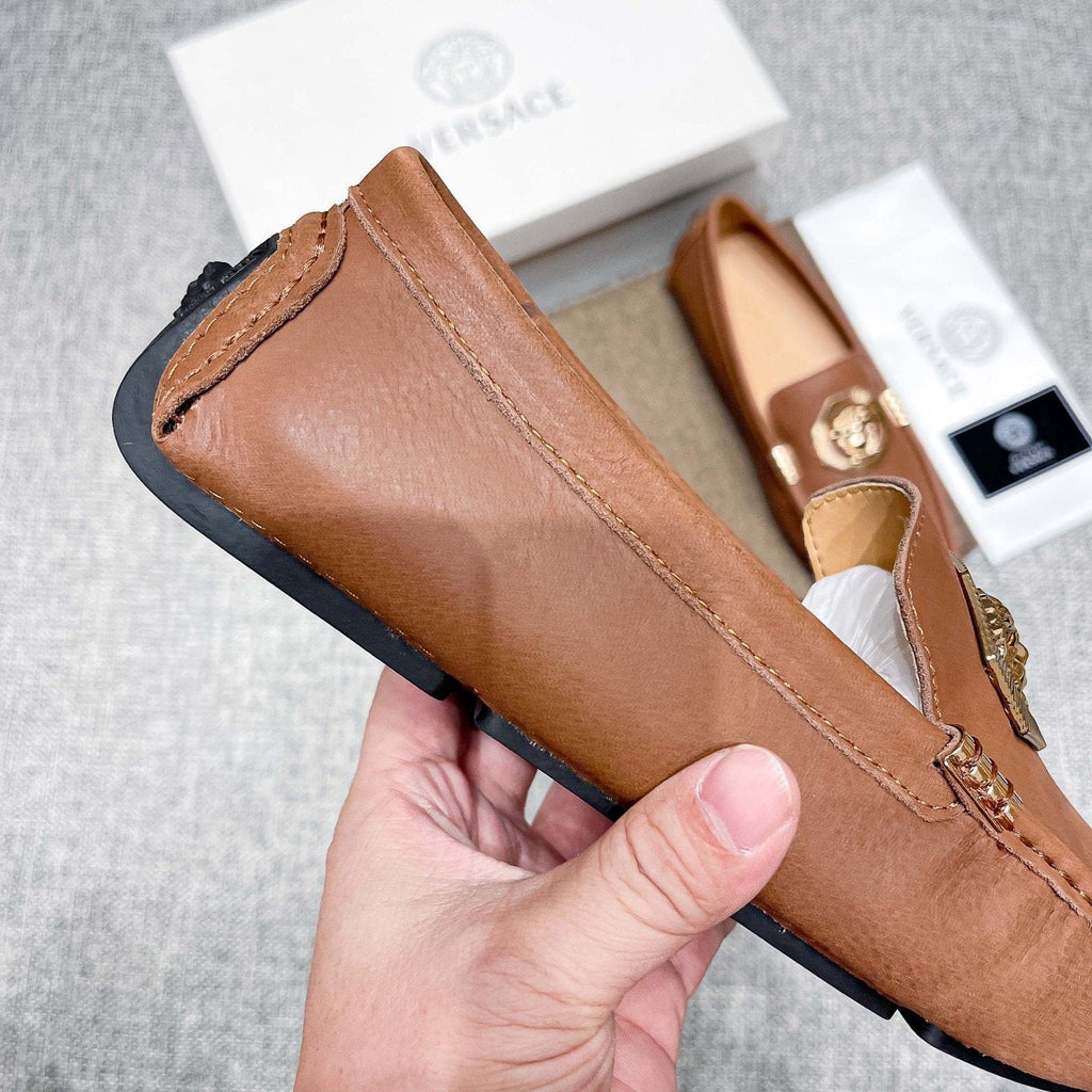 Versace Tan Brown Leather Driving Loafers
