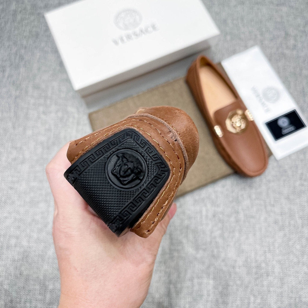 Versace Tan Brown Leather Driving Loafers