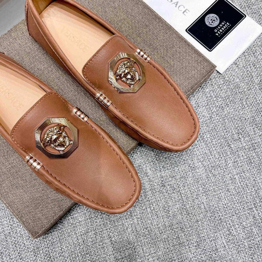 Versace Tan Brown Leather Driving Loafers