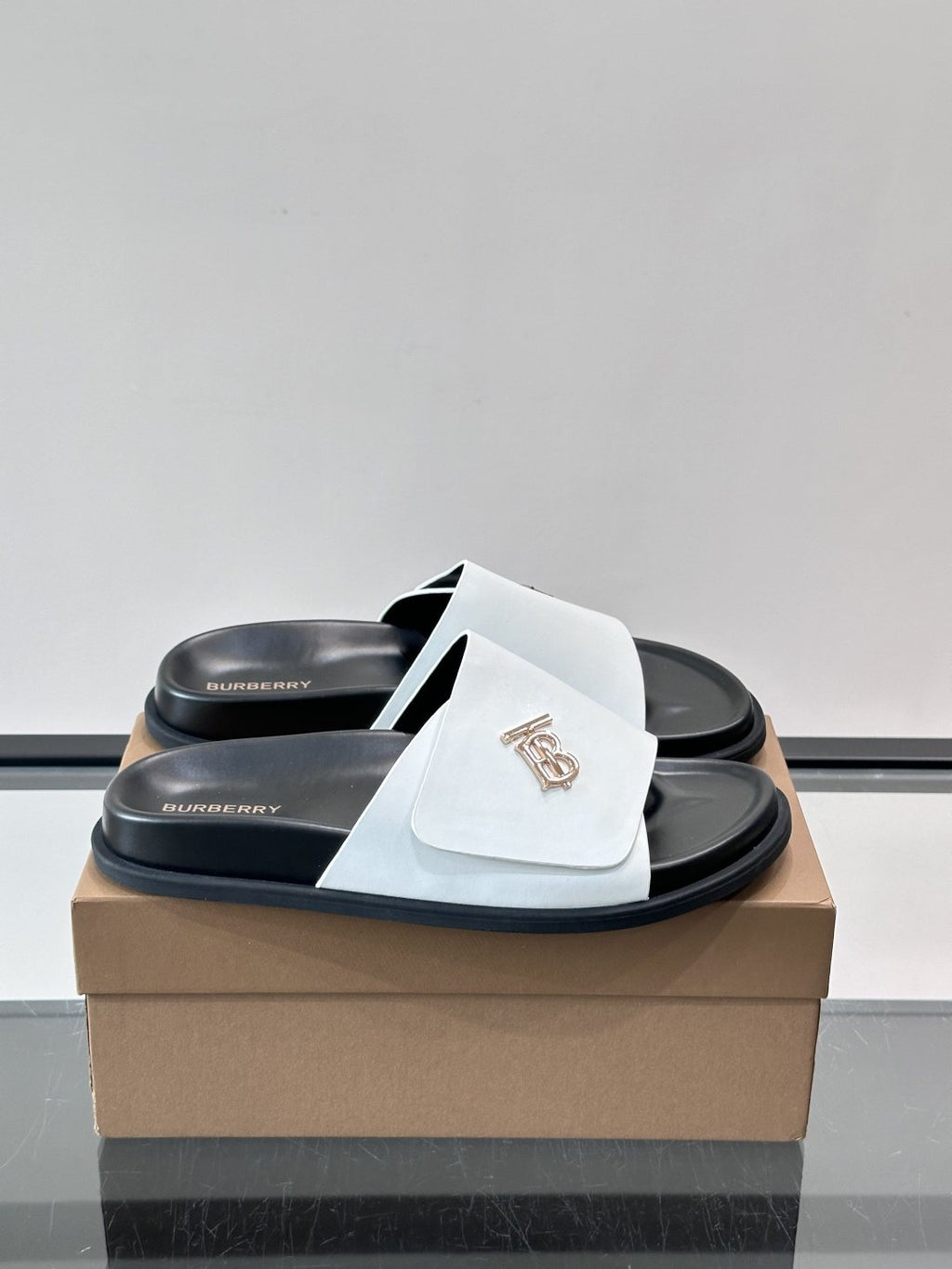 Burberry Men’s White Leather Logo Slide Sandals