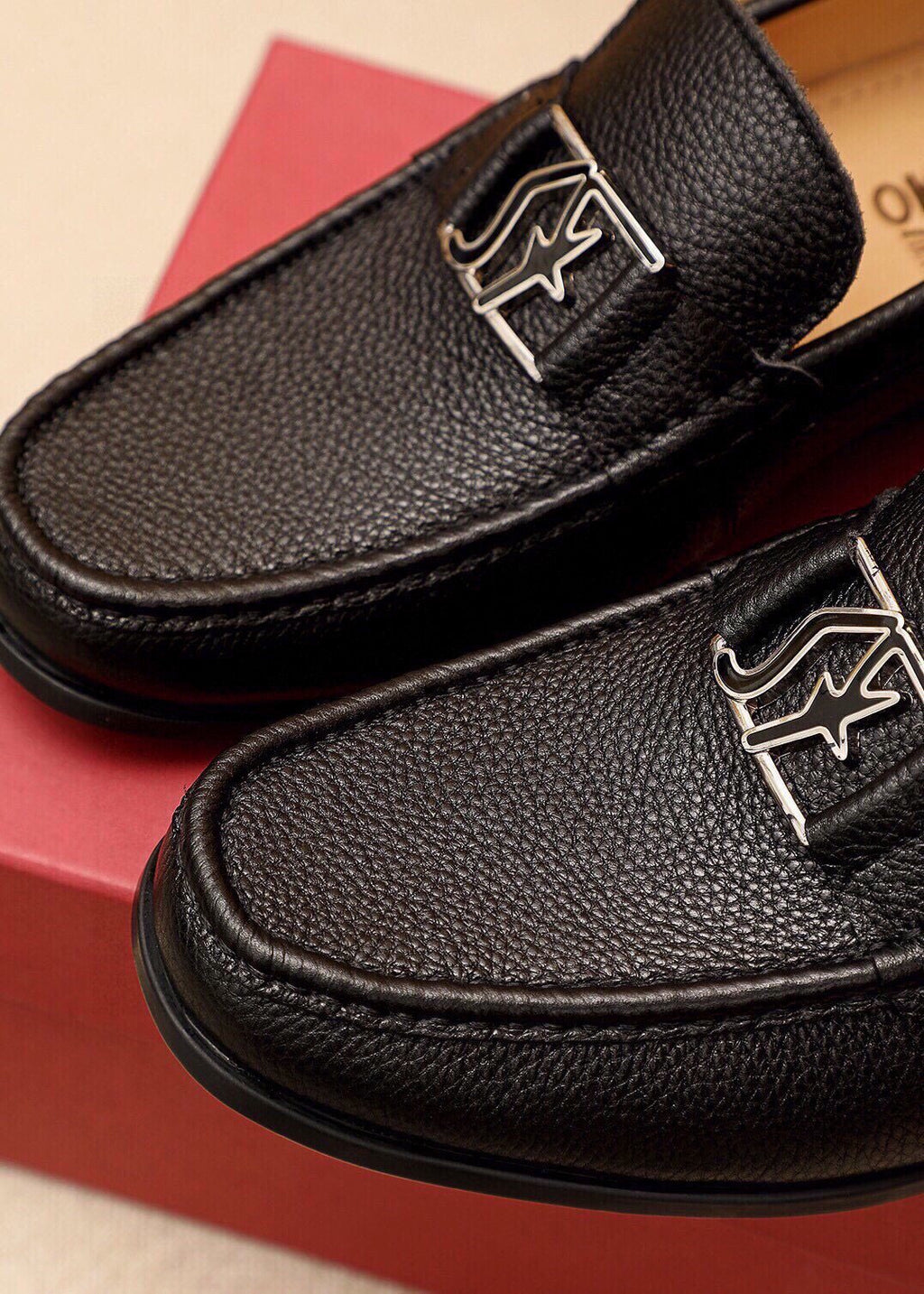 Ferragamo Black Pebbled Leather Loafers