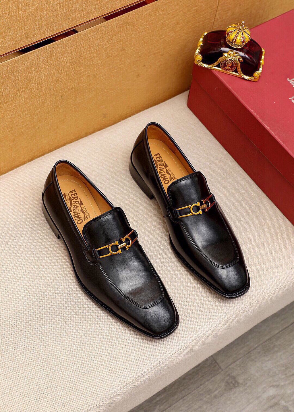 Ferragamo Black Leather Hardware Loafers - Gold-Tone Hardware