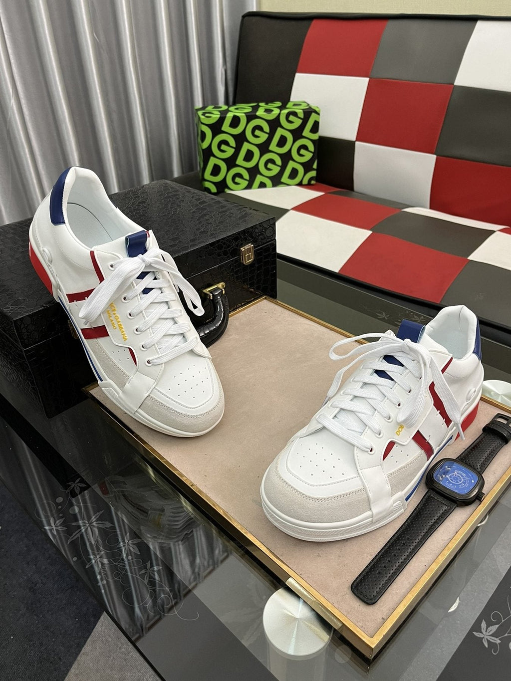 Men's White Low-Top Sneakers with Red and Navy Accents