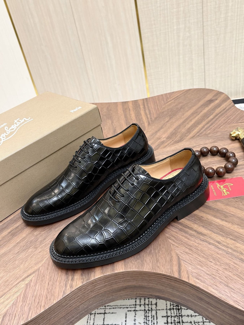 Christian Louboutin Black Embossed Lace-Up Dress Shoes