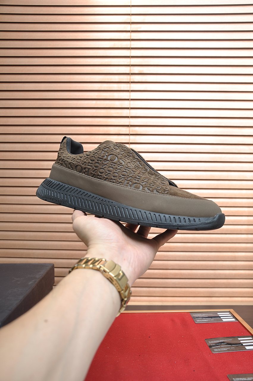 Hugo Boss Brown Textured Slip-On Sneakers