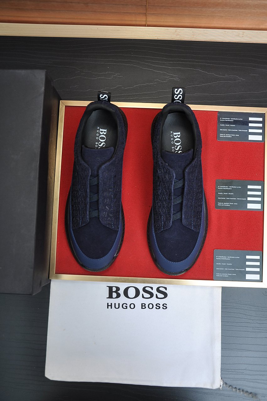 BOSS Navy Blue Textured Slip-On Sneakers