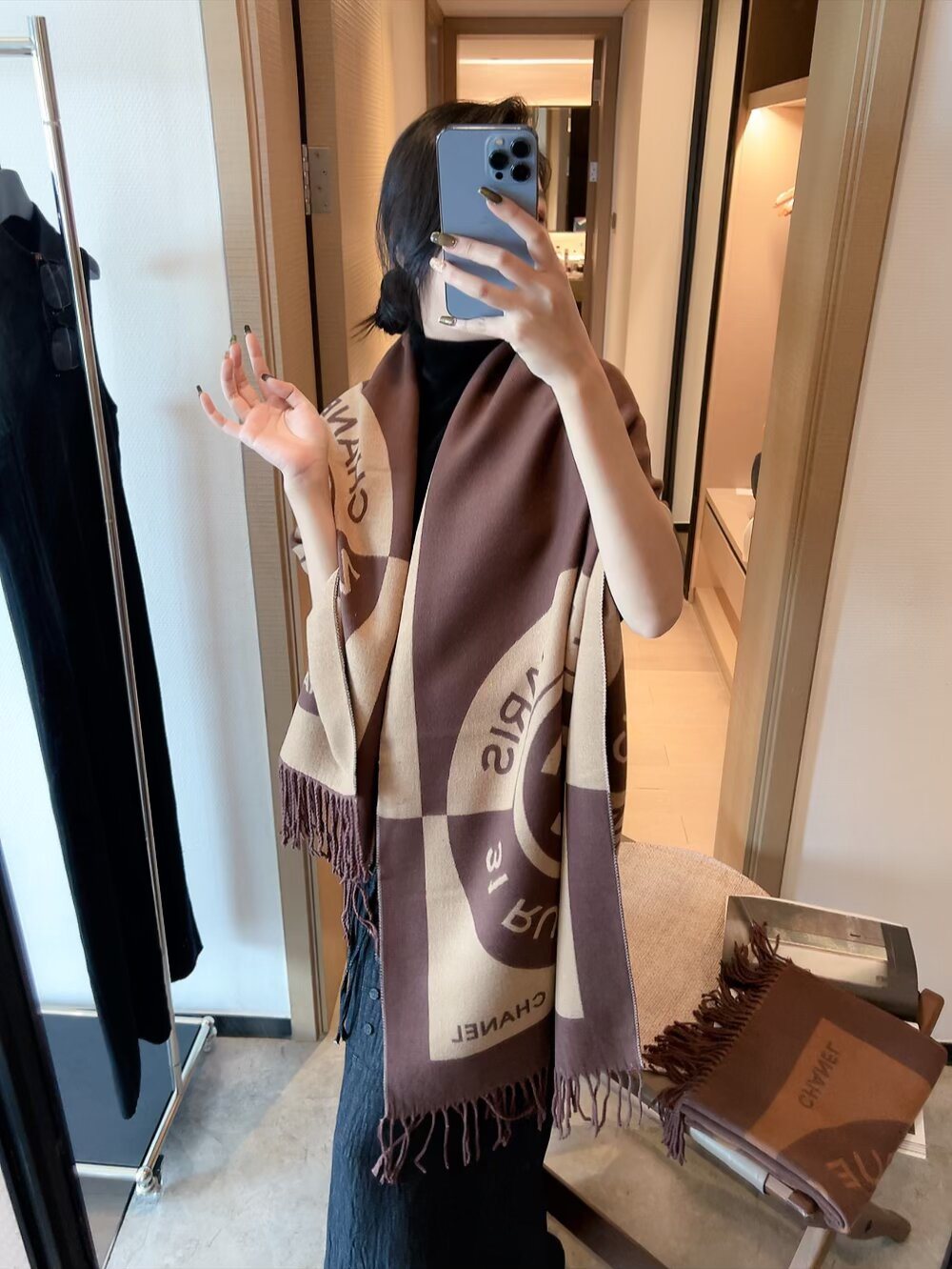 Chanel Brown Beige Fringed Scarf