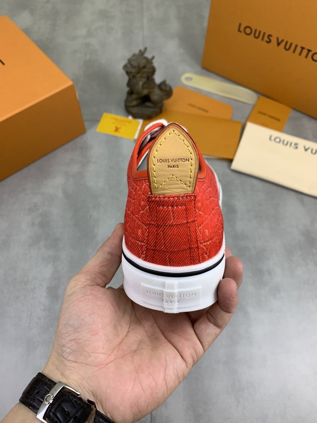 Louis Vuitton Coral Red Textured Low-Top Sneakers