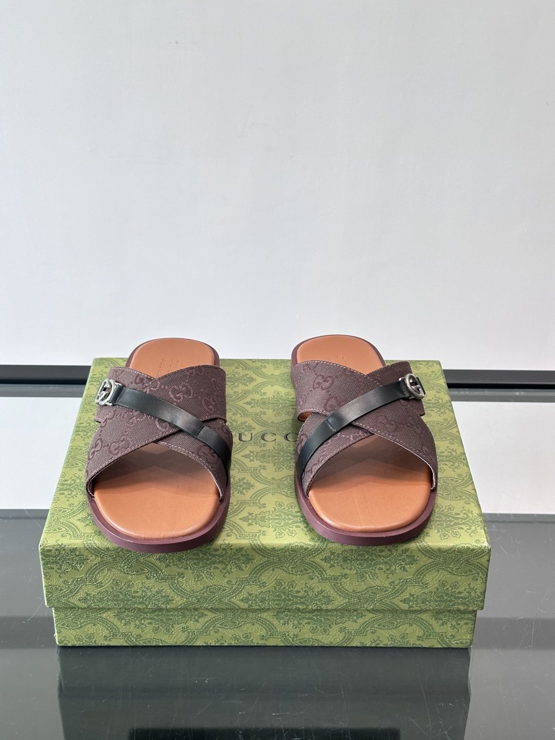 Gucci Gray and Black Cross-Strap Slide Sandals