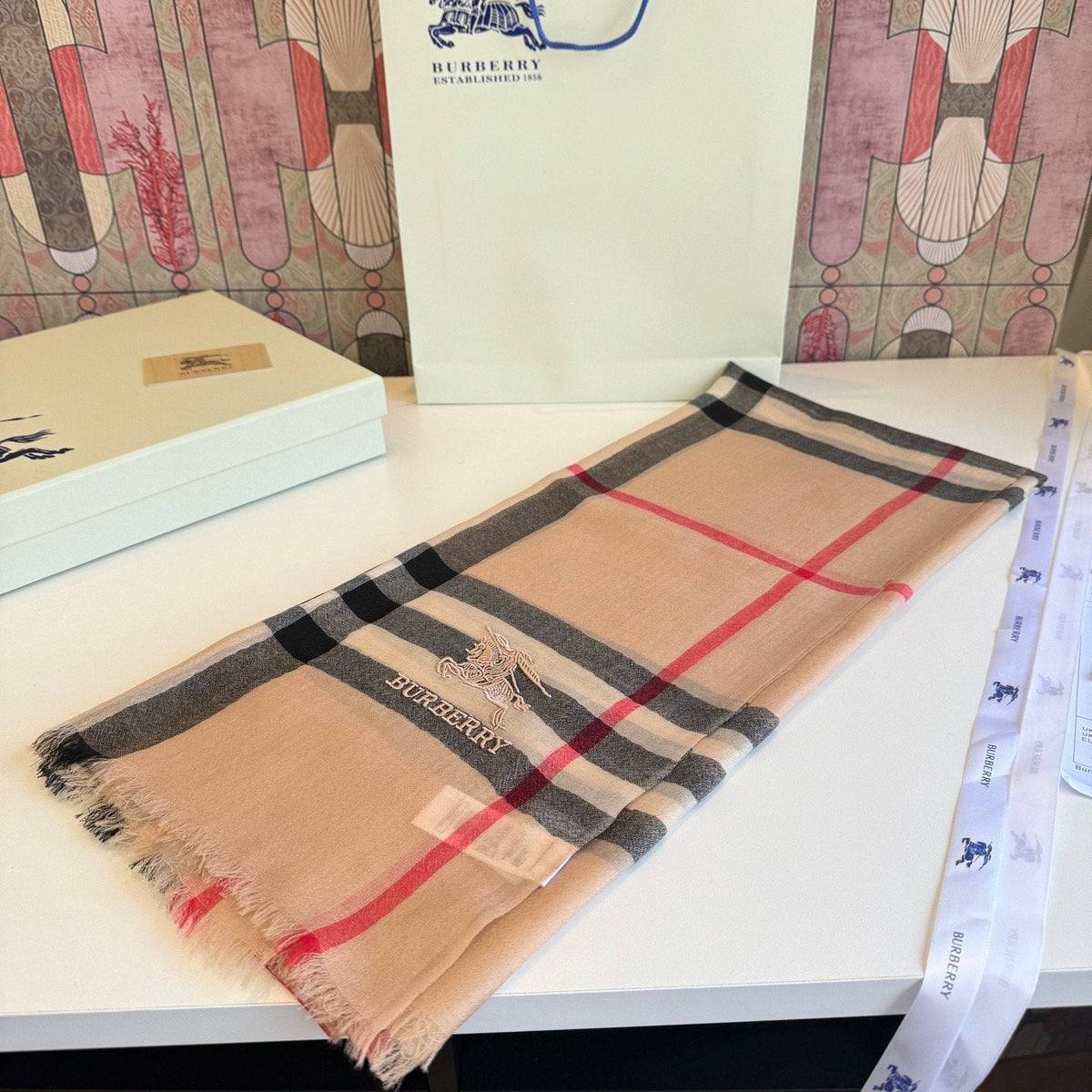 Burberry Camel Beige Plaid Scarf