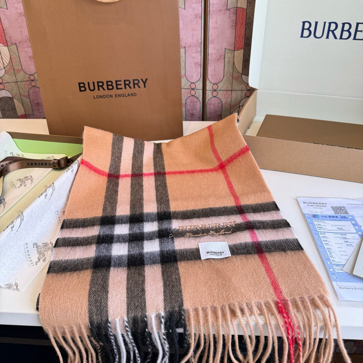 Burberry Blush Pink Plaid Fringed Scarf