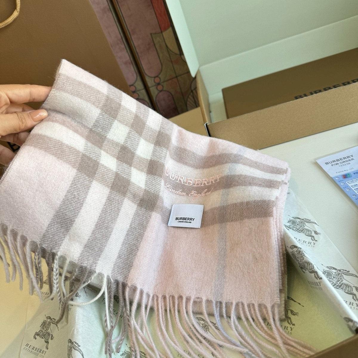Burberry Blush Pink Plaid Fringed Scarf